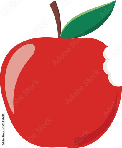 A bitten red apple with a tail and a green leaf, with a highlight on the left and a shadow on the right. Made in a flat style.