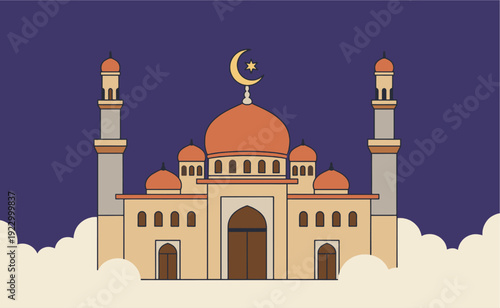 Islamic Mosque Building with Minarets and Crescent.