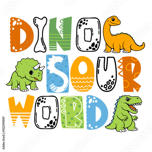 llustration for t-shirts with colourful drawing dinosaurs and funnny words. Print design for boy on white background. Grunge style vector
