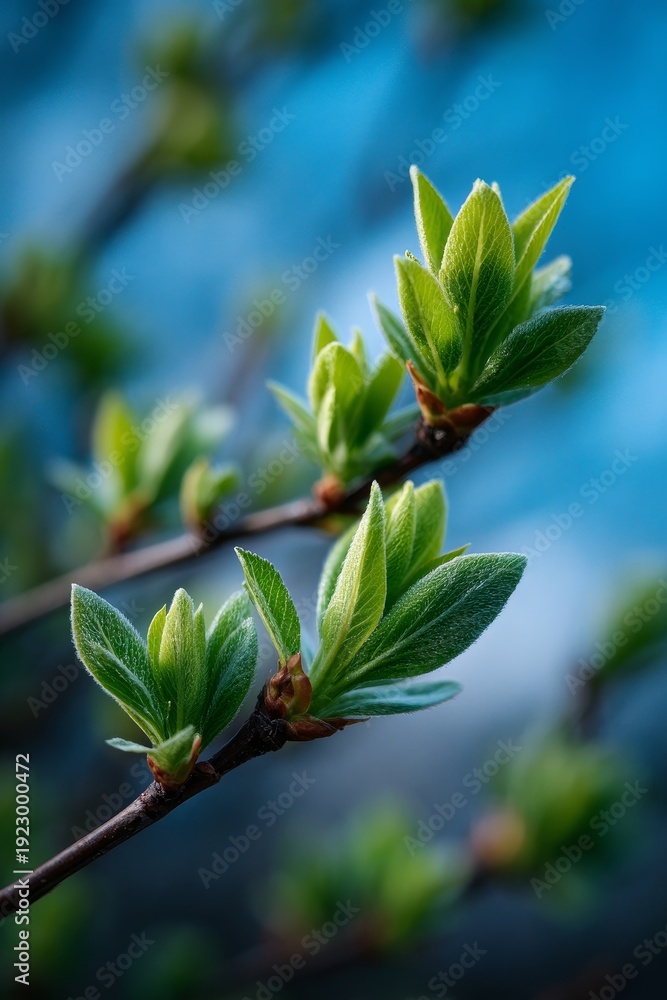 Obraz premium Emerging green buds and leaves symbolize renewal and spring, ideal for eco-friendly, wellness, and seasonal marketing in natural or botanical contexts