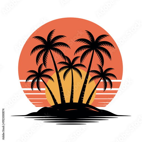 A serene tropical island at sunset with palm trees