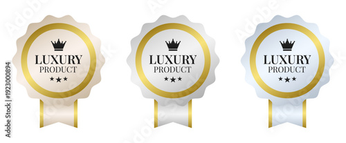 Luxury product gold and silver metallic badges with ribbons for premium quality assurance