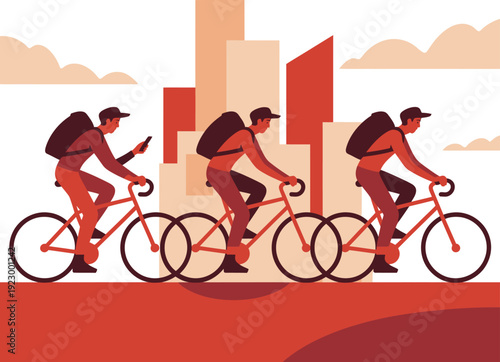 Three delivery cyclists in a city with abstract buildings