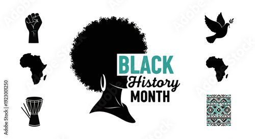 Black History Month Text Afro Profile Raised Fist Dove Africa Map Drum Tribal Pattern Artwork