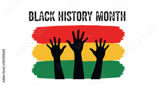 Black History Month Text with Symbolic Raised Hands over Brushstroke Pan african Flag Colors