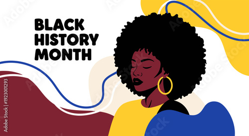 Confident Black Woman with Natural Afro Hair and a Gold Earring Surrounded by Abstract Flowing Shapes