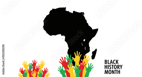 Raised Hands in Pan african Colors Below an Africa Map Silhouette for Black History Month