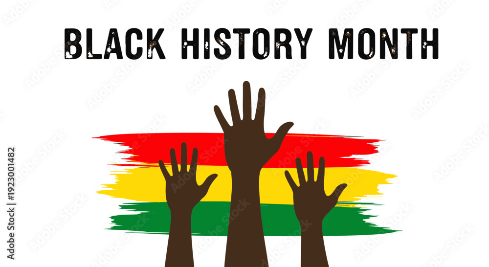 Fototapeta premium Black History Month Celebration Graphic with Three Diverse Raised Hands over Pan african Brush Strokes