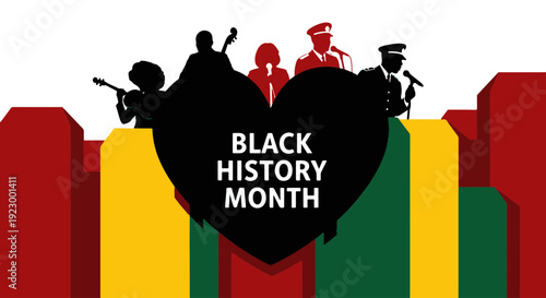 Symbolic Black History Month Design with Speaking Figures and Heart on Pan african Colored Shapes