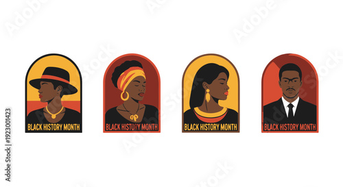 Diverse Black Individuals in Stylized Arch Portraits Celebrating Black History Month with Vibrant Colors