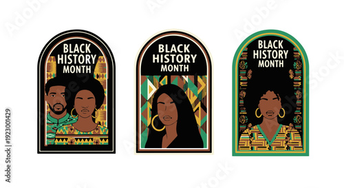 Black History Month Portraits Featuring Diverse Individuals and Stylized African Cultural Patterns