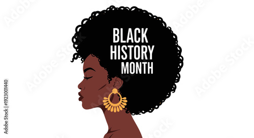 African American Womans Profile with Closed Eyes Afro Hairstyle Ornate Golden Earring Celebrating Black History Month
