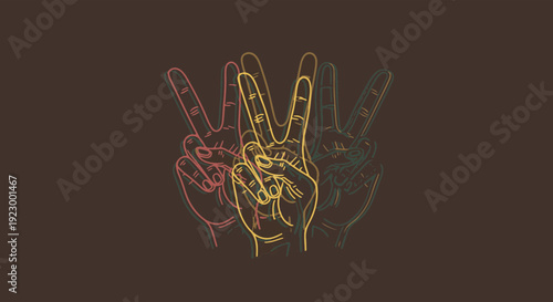Stylized Overlapping Hands Making a Peace Sign Gesture Vibrant Colorful Line Art Expressing Unity and Solidarity