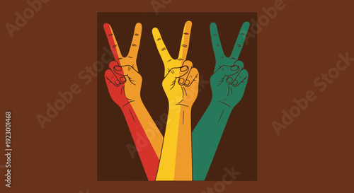 Three Hands Making Peace Signs in Vibrant Gradient Colors Symbolizing Unity and Harmony in a Retro Theme
