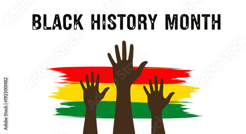 Black History Month Celebration Graphic with Three Diverse Raised Hands over Pan african Brush Strokes