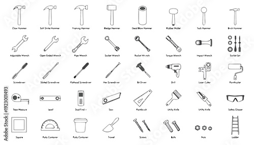 Collection of Black and White of Various Hand Tools and Measuring Devices Including Hammers