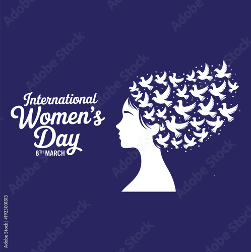 White Silhouette of Woman with Birds in Hair on Blue Background Keywords: international women's
