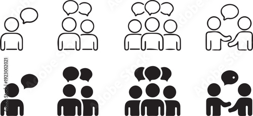 Various line and solid fill icons representing individuals and groups with speech bubbles indicating communication