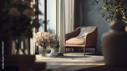 Cozy sunlit living room with armchair and floral decor near large windows
