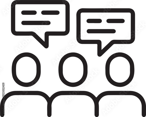 Outline icon of three people figures with two prominent speech bubbles above their heads