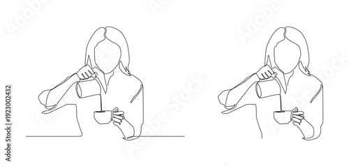 An elegant continuous line illustration of a woman pouring coffee into a cup. Ideal for coffee shop branding, menu design, cafe posters, social media graphics, lifestyle blogs, etc.