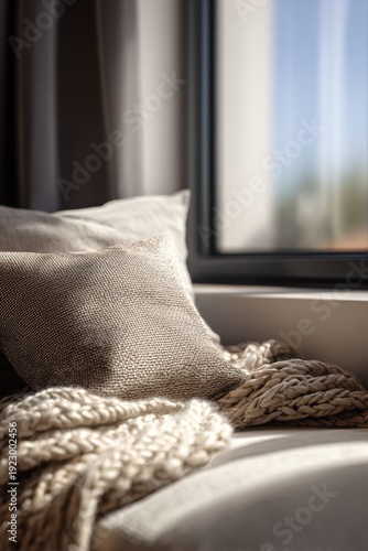 Cozy interior scene with textured cushion and knit blanket by sunny window