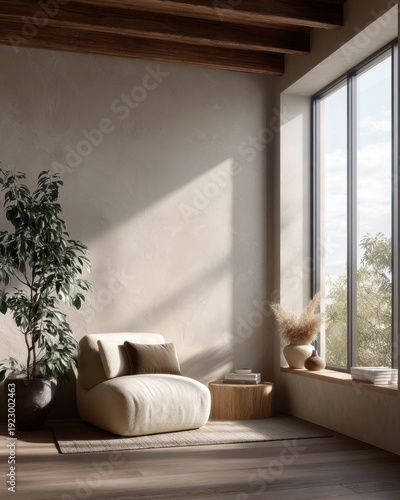 Cozy minimalist lounge with sunlight and relaxing decor for interior design inspiration