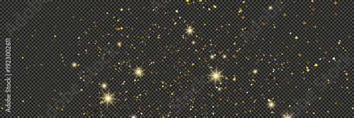 Gold glittering dust with stars on transparent backdrop