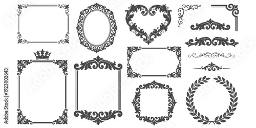 Collection of ornate vintage decorative borders and frames with floral elements, including a crown and heart shape, vector illustration