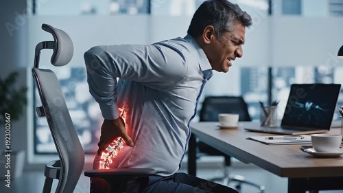 Middle-aged businessman experiencing severe lower back pain while sitting at his office desk, highlighting discomfort and health issues.