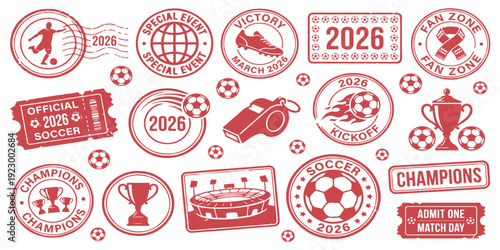 Collection of red soccer and championship stamps with text for sports events and victories, vintage style vector illustration
