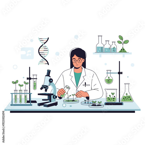 Scientist conducts plant research in laboratory, examining seedlings under microscope