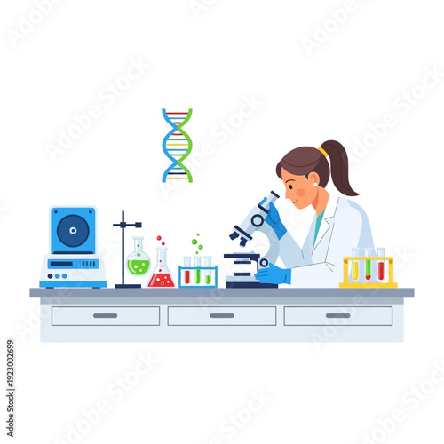 Scientist examining sample under microscope in laboratory with DNA model