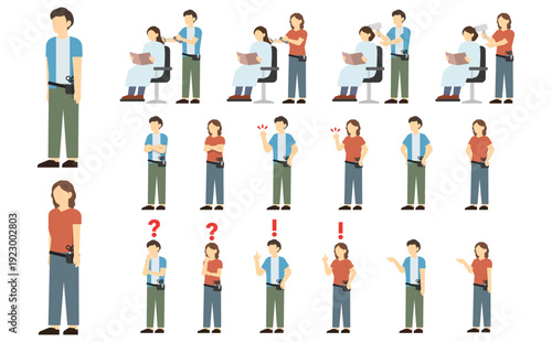 フラットイラスト：男女の美容師セット