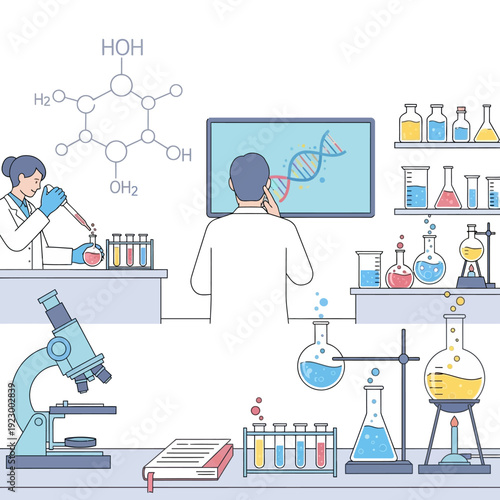 Scientists in laboratory studying DNA and chemical formulas, advanced research concept