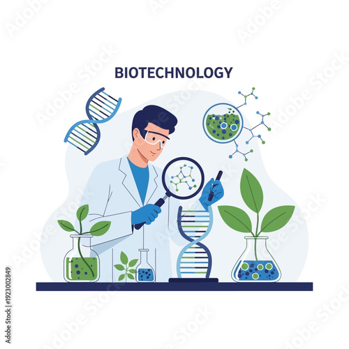 Biotechnology scientist examining DNA structure and molecules in a lab with plants