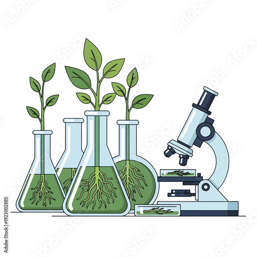 Plant science research: seedlings in flasks and microscope for biotechnology, botany, and ecology study