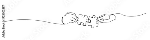 Continuous minimalist single line illustration, depicting two hands combining puzzle pieces. Ideal for corporate branding, startup presentations, leadership concepts, etc.