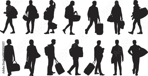 Travelers, silhouettes, collection, people, luggage, walking, airport, trip, vacation, tourists, bags, black, isolated, vector, illustration, set, journey, lifestyle, icons, travel