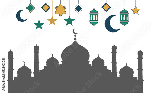 Mosque Silhouette with Islamic Symbols and Lanterns.