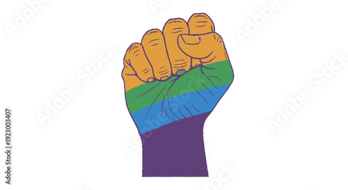 Raised fist with colorful stripes symbolizing unity and solidarity in protest