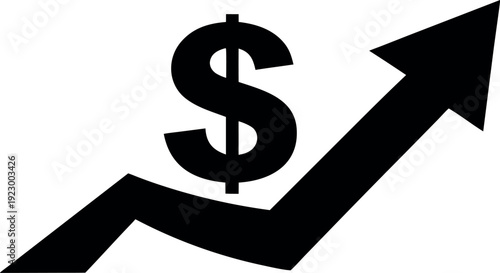 Black silhouette of dollar sign on upward trending arrow graph isolated on white background