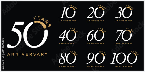 Collection of number 10 to 100 luxury anniversary logo design. Celebration days special vector symbol icon concept, serif font graphic symbol