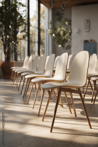 Sunlit modern chairs in a bright, minimalist interior for contemporary workspace design
