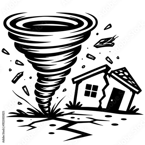Black and white vector illustration of a powerful tornado destroying a house, with debris flying and cracks in the ground, depicting natural disaster and destruction.