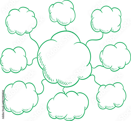 Green Cloud Network Diagram with Connected Nodes Hand Drawn Sketch Style Cloud Computing Concept Isolated on White Background