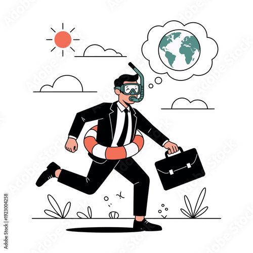 Businessman rushes toward vacation, wearing a snorkel and life preserver with.