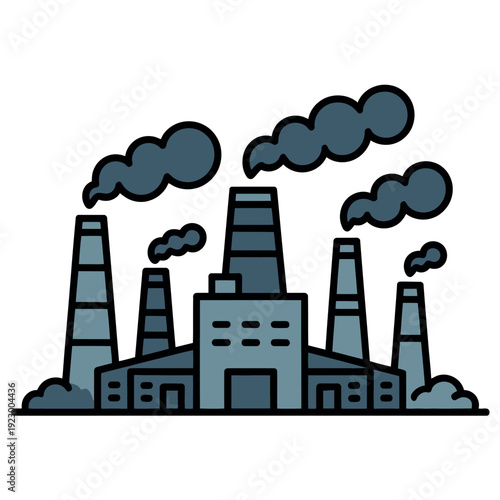 Factory smokestacks release thick dark plumes of pollution into the atmosphere above.