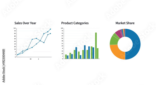 Business data visualization charts in modern minimalist style with bright colorful graphs for marketing analysis