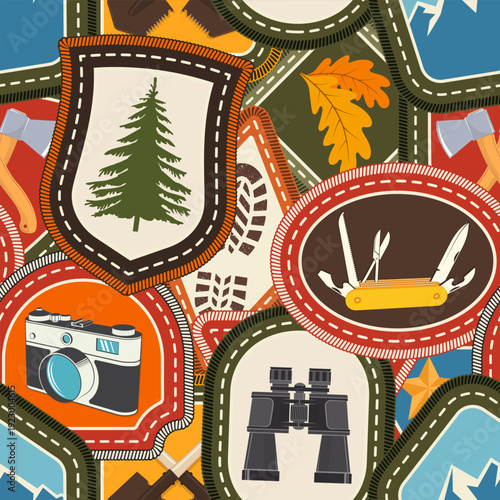 Set of Scout seamless pattern or background. Texture, wallpapers with mountain, binoculars, pine tree, pocket knife, pine tree, knives. Vector. Merit patch, sticker for camping outdoor and academic